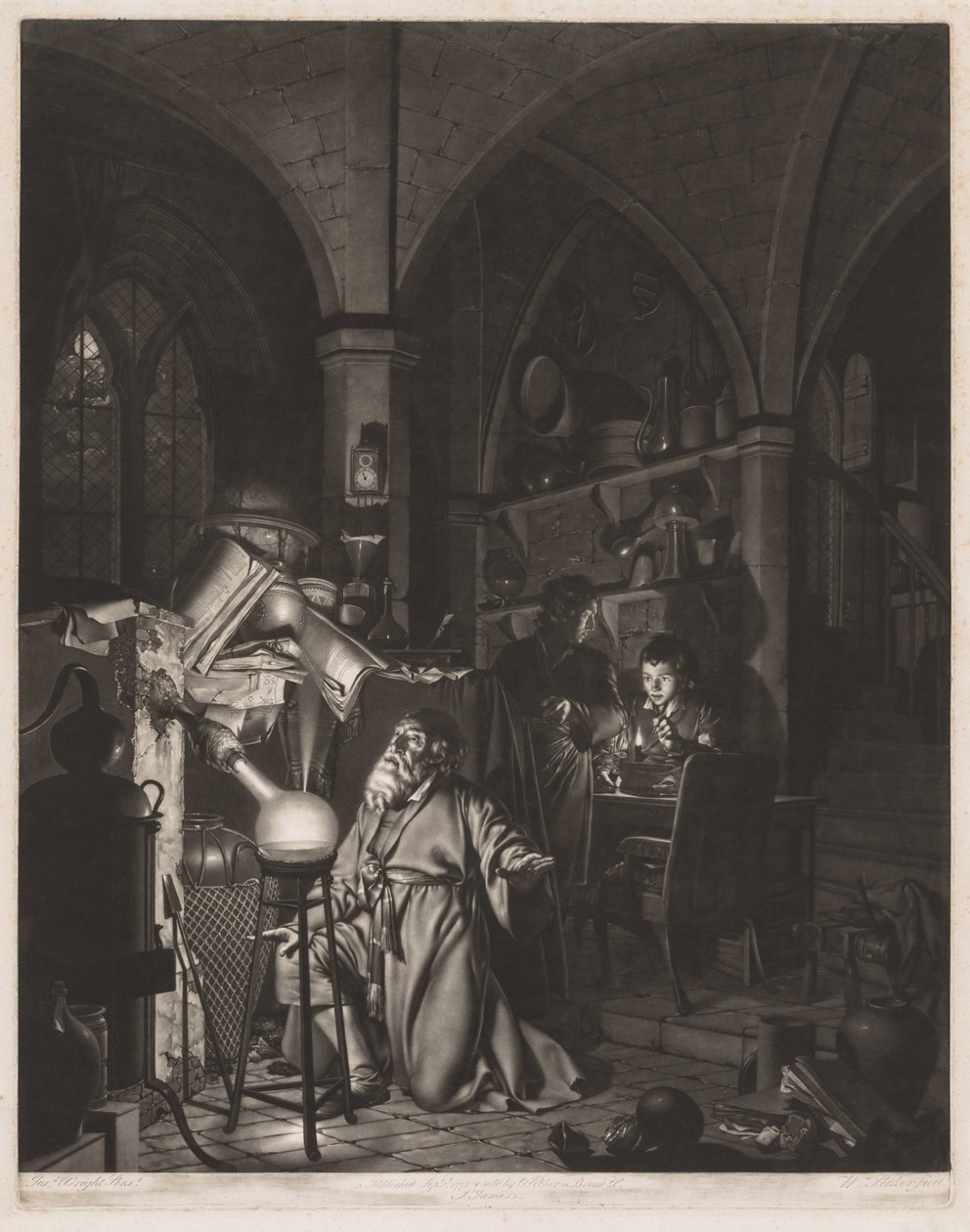 Der Alchimist, auf der Suche nach dem Stein der Weisen, entdeckt Phosphor und betet..., 1775 von William Pether