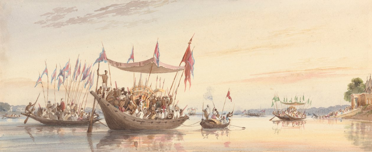 Isherah - Wasserprozession des Bildes von Doorga vor ihrer Versenkung bei Sonnenuntergang von William Prinsep