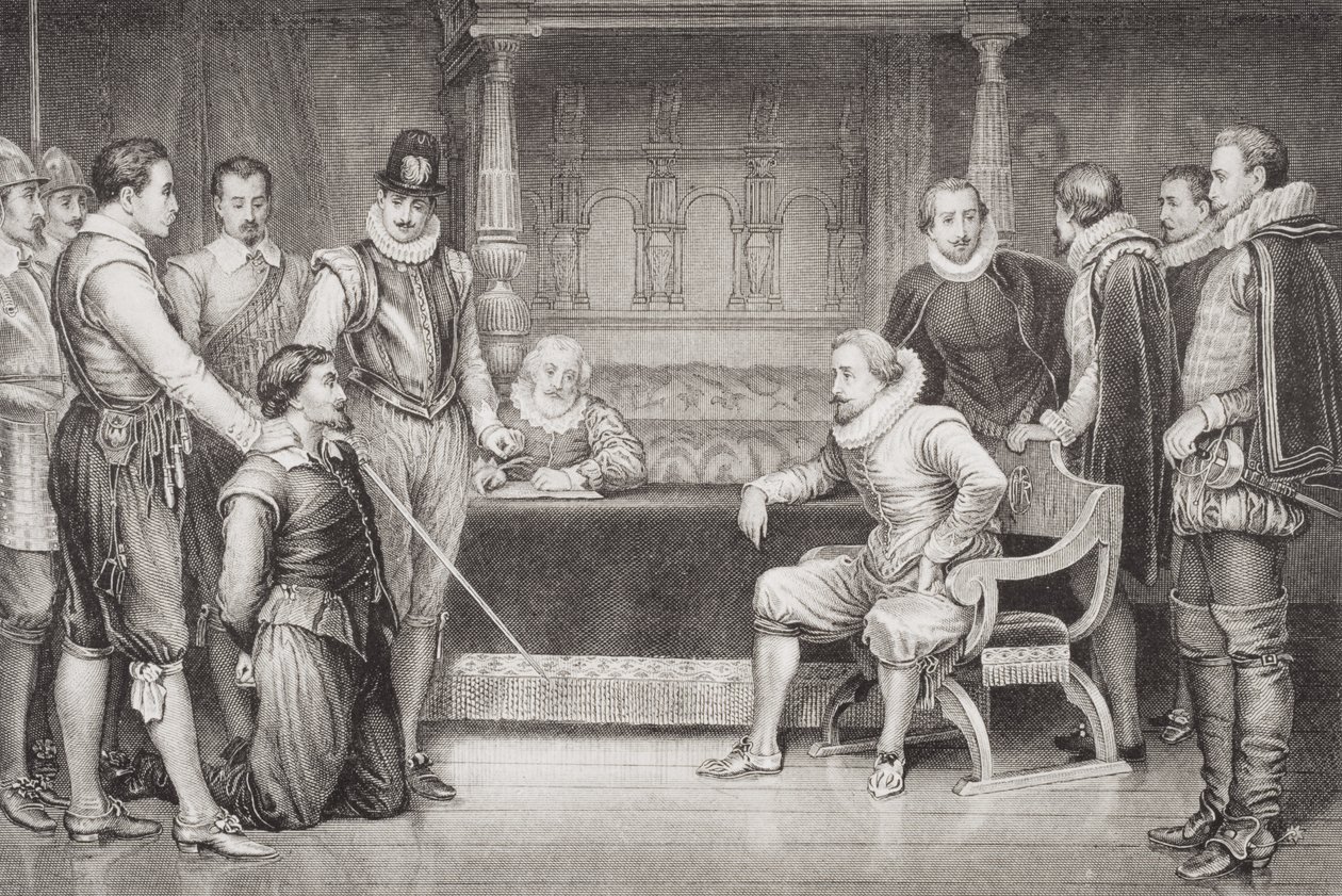 Guy Fawkes (1570-1606) verhört von James I. (1566-1625) und seinem Rat im Schlafzimmer des Königs, aus 