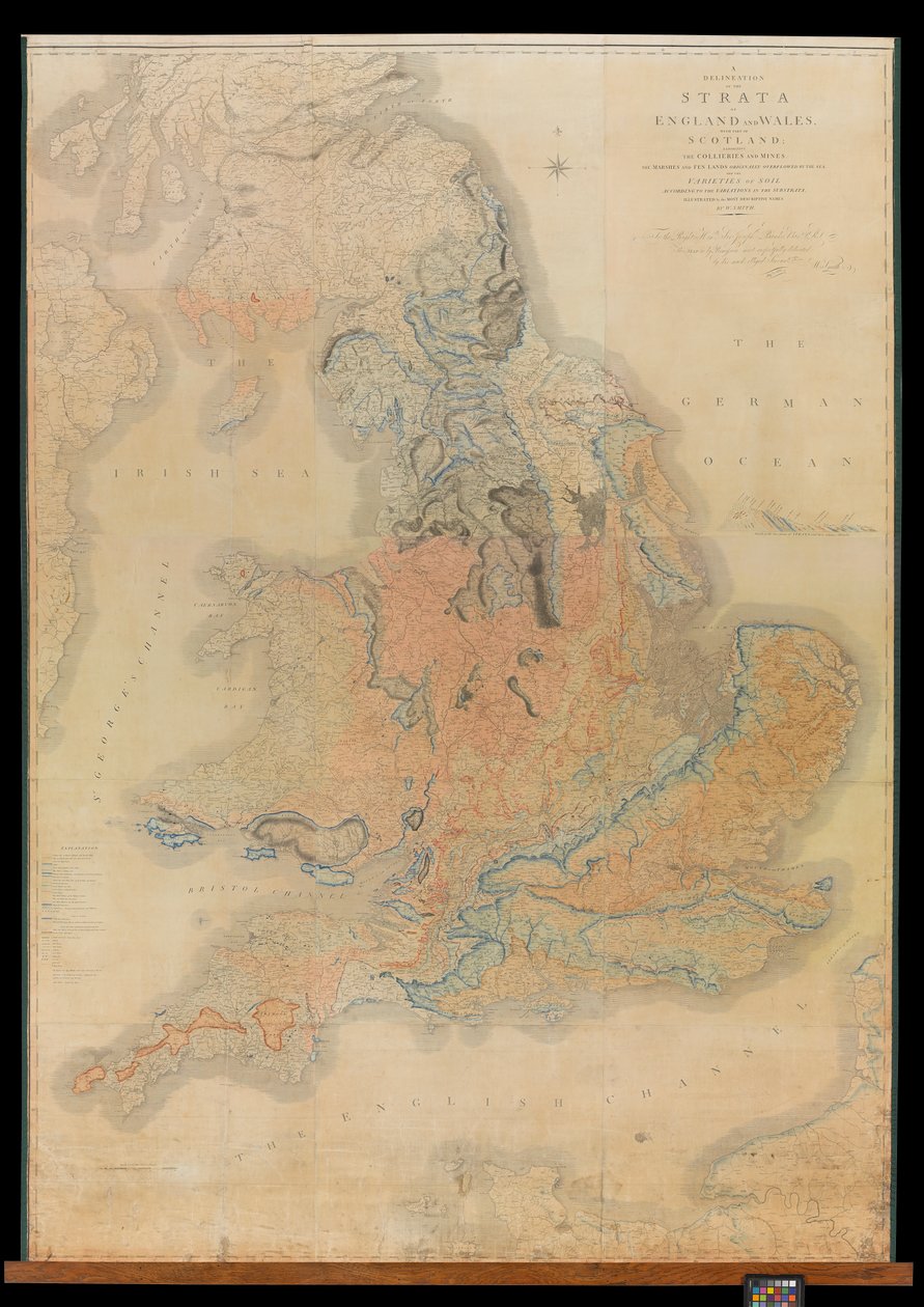 Darstellung der Schichten von England und Wales mit einem Teil von Schottland, die Kohlebergwerke und Minen, die ursprünglich vom Meer überfluteten Marsch- und Sumpfländer und die Bodenvariationen entsprechend den Substratvariationen, illustriert durch von William Smith