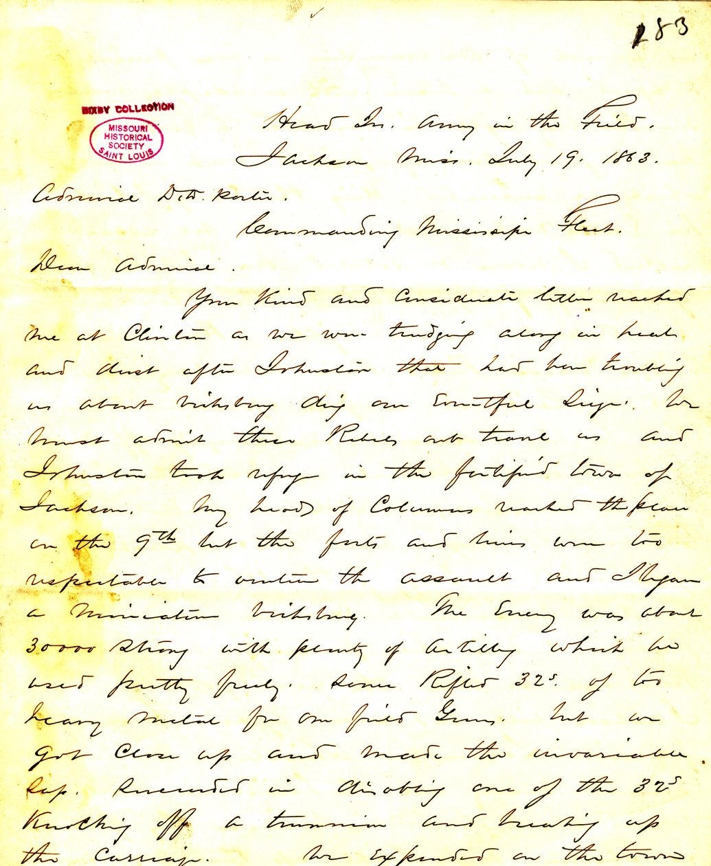 Brief von W. T. Sherman, Hauptquartier, Armee im Feld, Jackson, Mississippi, an [David D.] Porter, 19. Juli 1863 von William T. Sherman