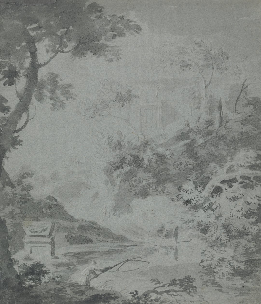 Landschaft mit einem fernen klassischen Gebäude und einem Mann beim Angeln von William Taverner