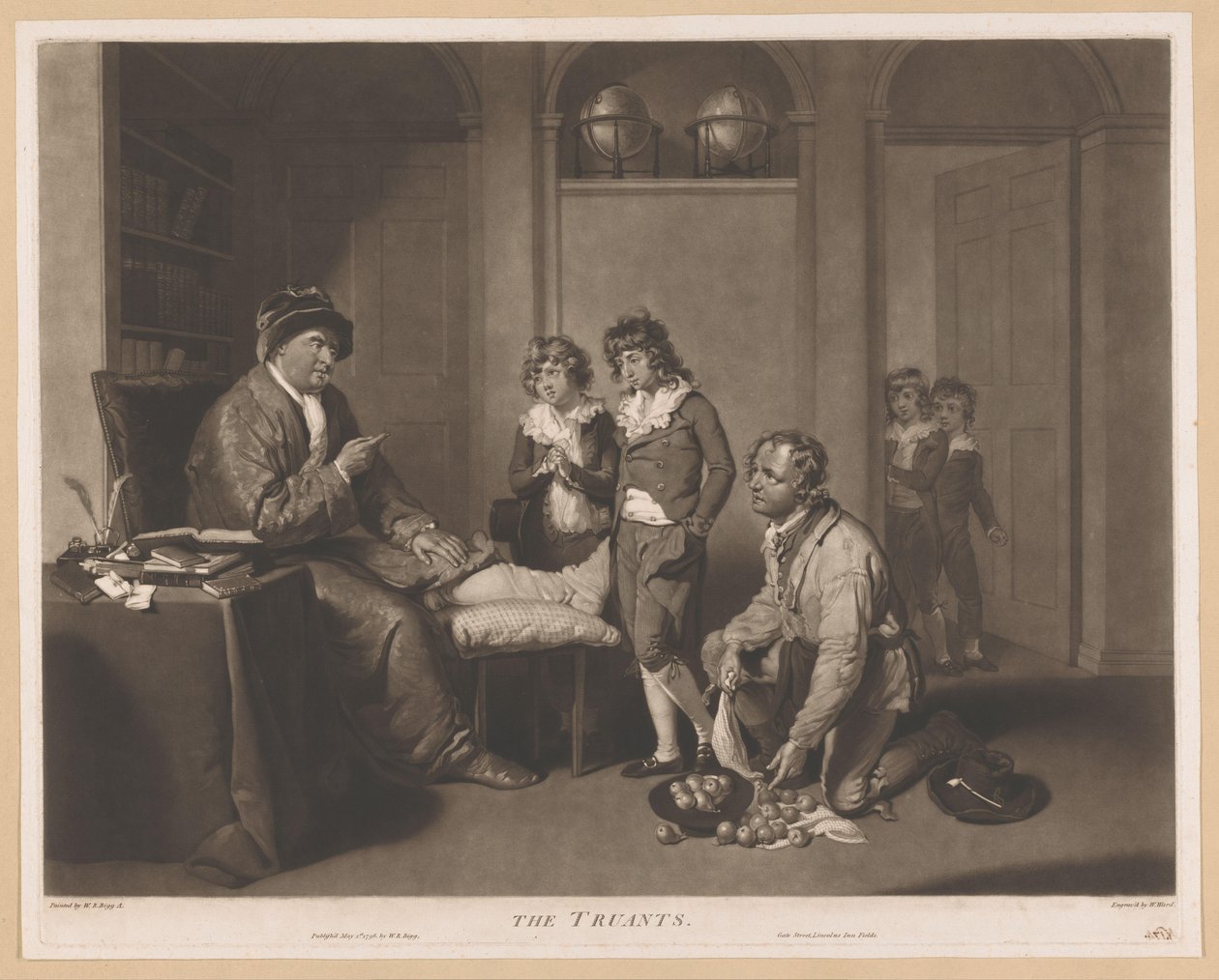 Mann tadelt Kinder und einen knienden Mann mit Birnen von William Ward