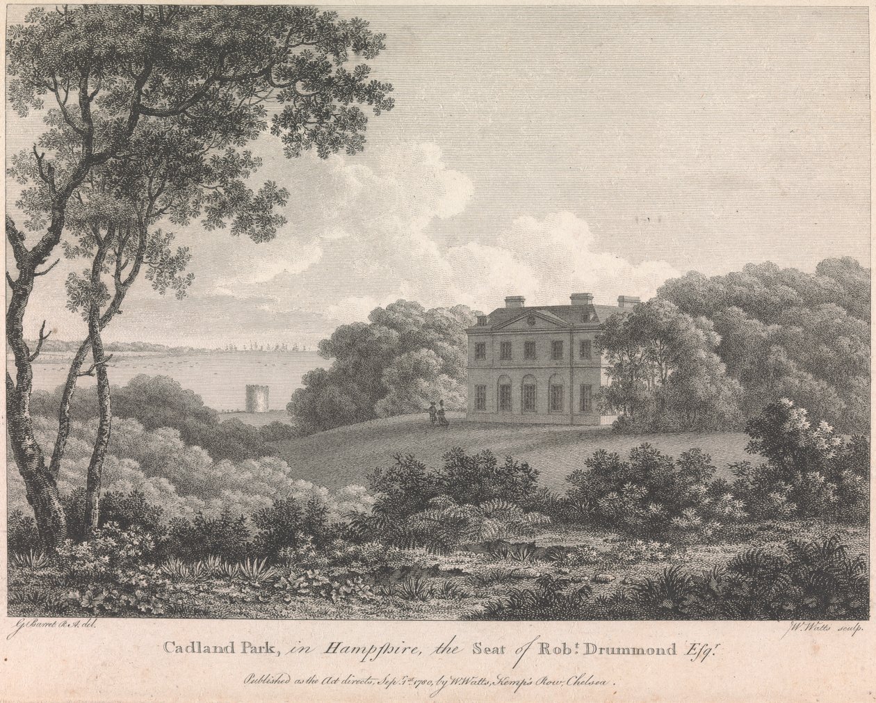 Cadland Park, in Hampshire, der Sitz von Robert Drummond, Esquire (veröffentlicht von W. Watts); Seite 56 (Band Eins) von William Watts
