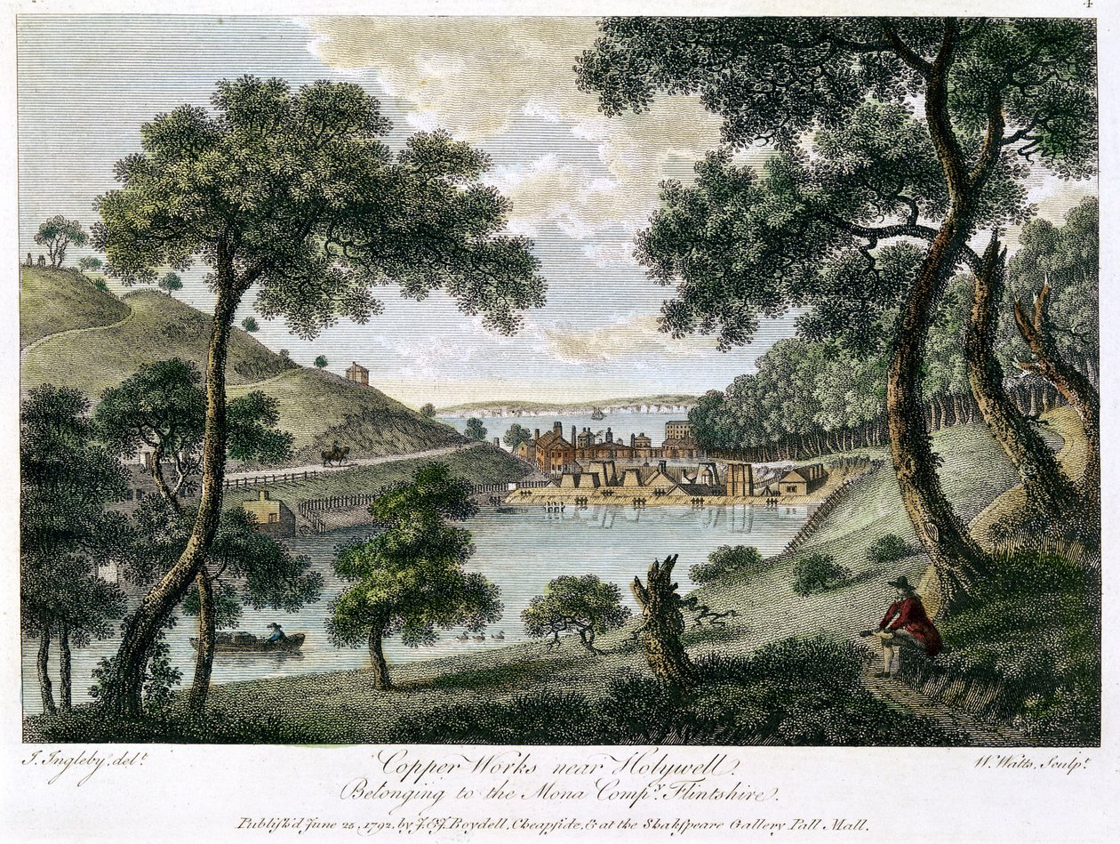 Kupferwerke bei Holywell, Flintshire, Wales, im Besitz der Mona Company, 1792 von William Watts