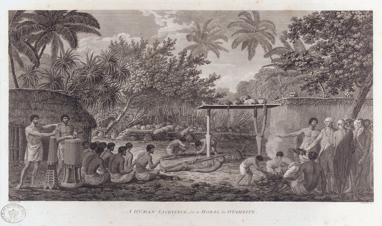 Menschenopfer auf Tahiti im Südpazifik, um 1773 von William Woollett