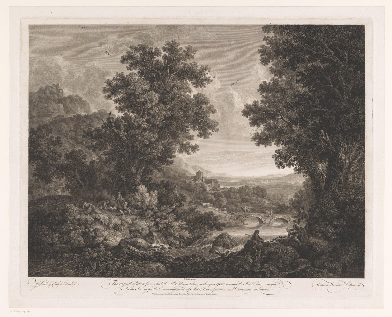 Landschaft mit Figuren um ein Feuer und Zeichner und Schalmeispieler am Ufer eines Flusses von William Woollett