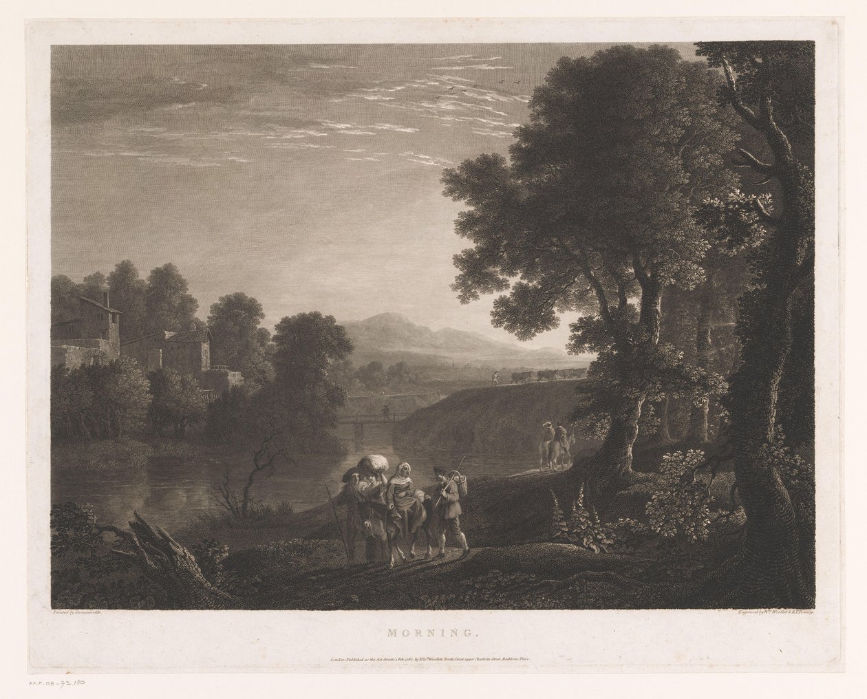 Landschaft mit Hirten und Frau auf Maultier am Ufer eines Flusses von William Woollett