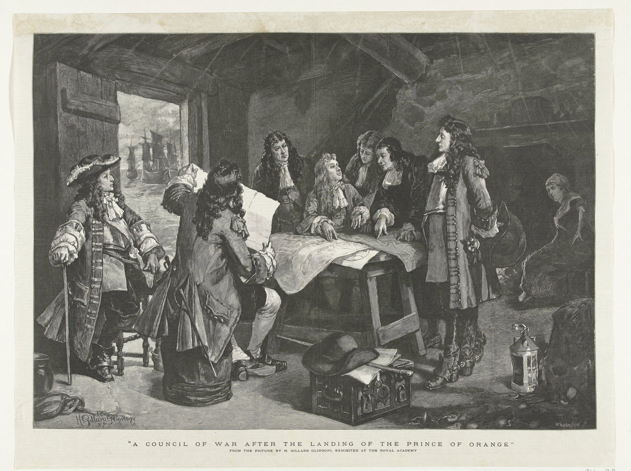 Wilhelm III. hält Kriegsrat in einer Fischerhütte, 1688 von Williamson