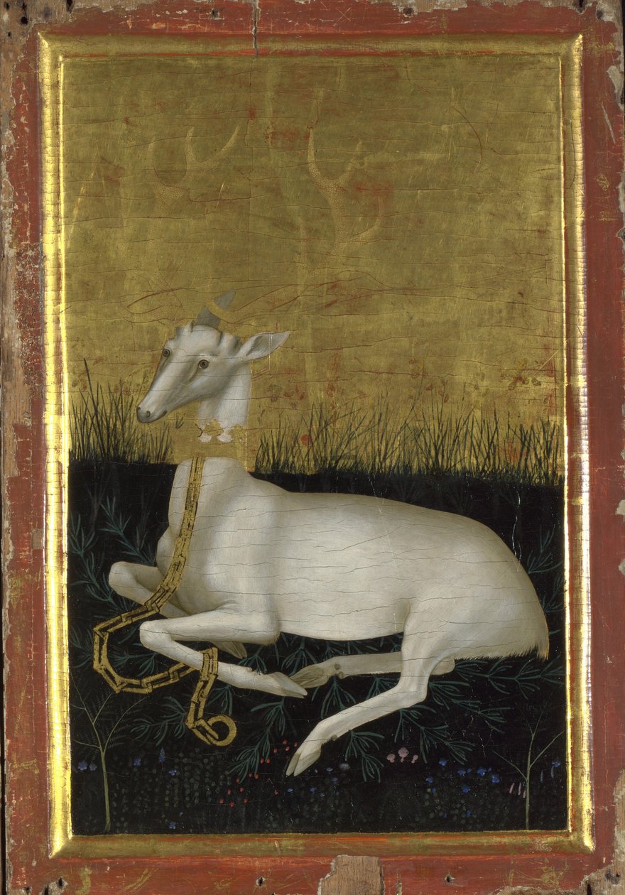 Ein weißer Hirsch mit einer Krone um den Hals, Außentafel des Wilton-Diptychons, zwischen 1395 und 1399 von Wilton Master