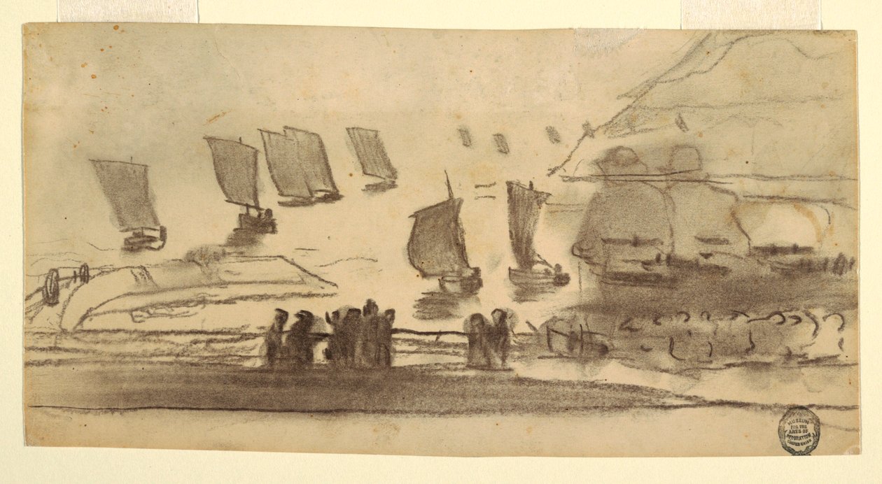 Strandszene mit Menschen und Fischerbooten, Cullercoats, England von Winslow Homer