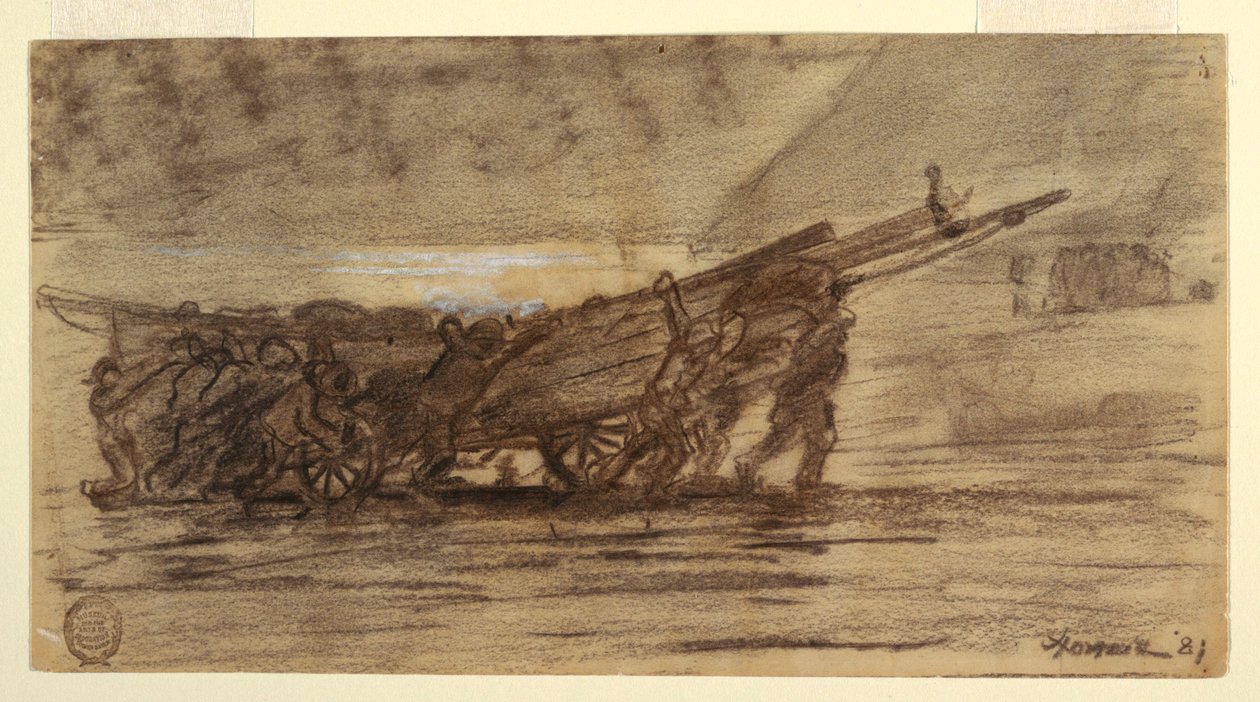 Fischer, die ein Boot an Land ziehen, Cullercoats, England, 1881 von Winslow Homer