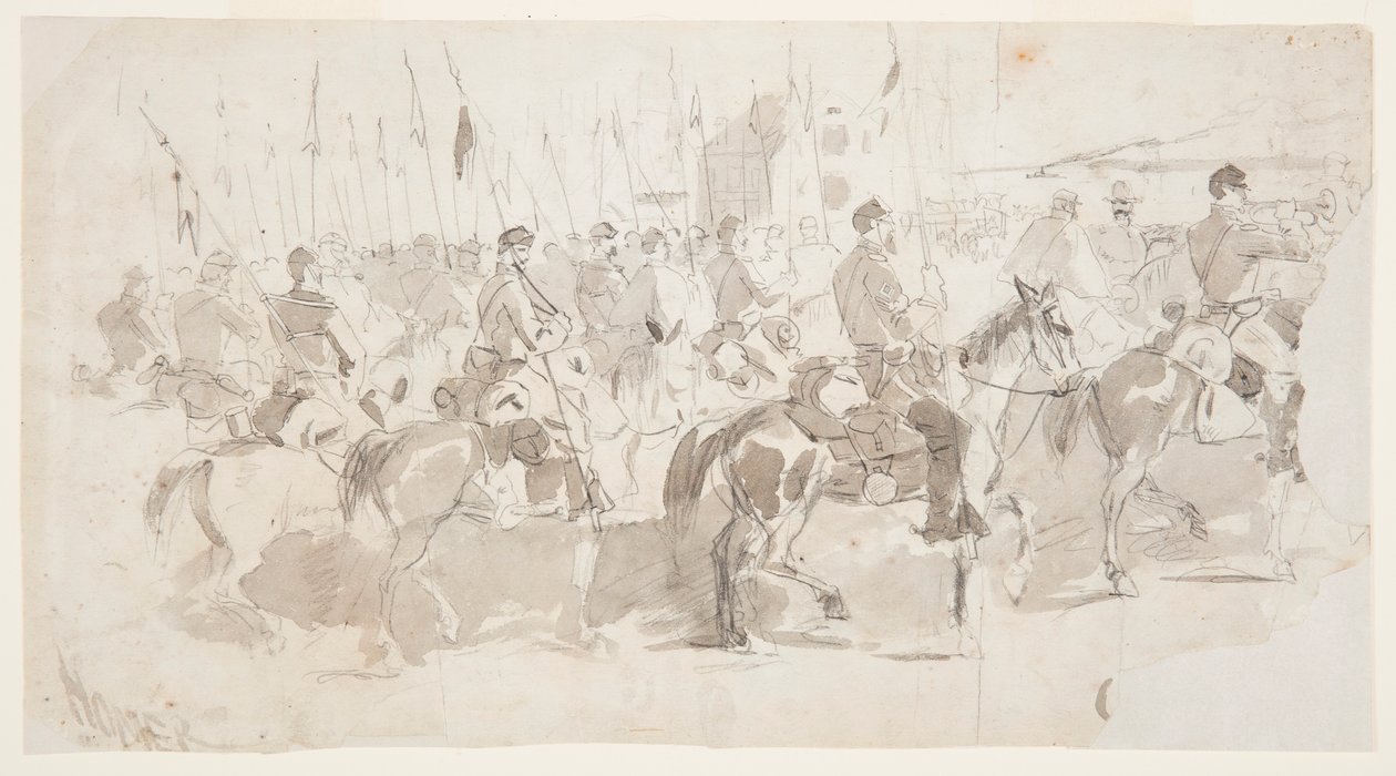 General McClellans sechstes Kavallerieregiment beim Einschiffen in Alexandria nach Old Point Comfort, 2. April 1862 von Winslow Homer