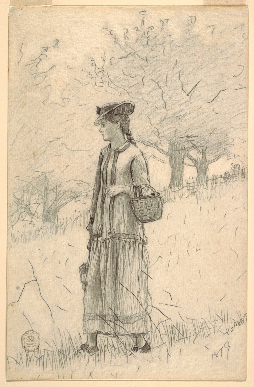 Zeichnung, Junge Frau, die durch ein Feld geht, 1879 von Winslow Homer