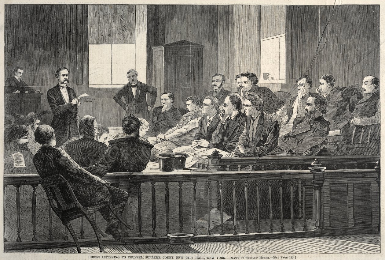 Geschworene hören dem Anwalt zu, Oberster Gerichtshof, Neues Rathaus, New York von Winslow Homer