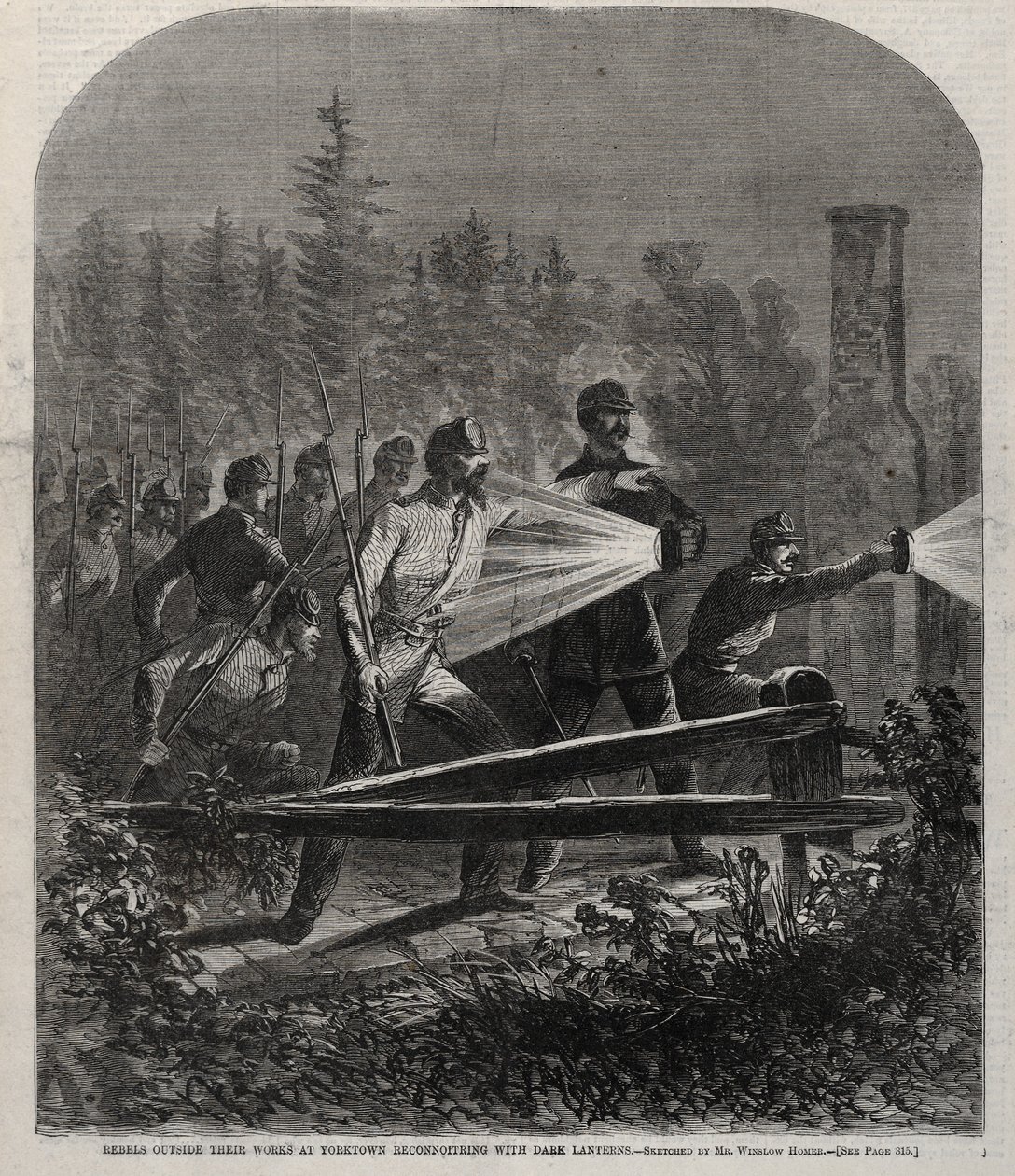 Rebellen außerhalb ihrer Werke in Yorktown, die mit dunklen Laternen aufklären, 1862 von Winslow Homer