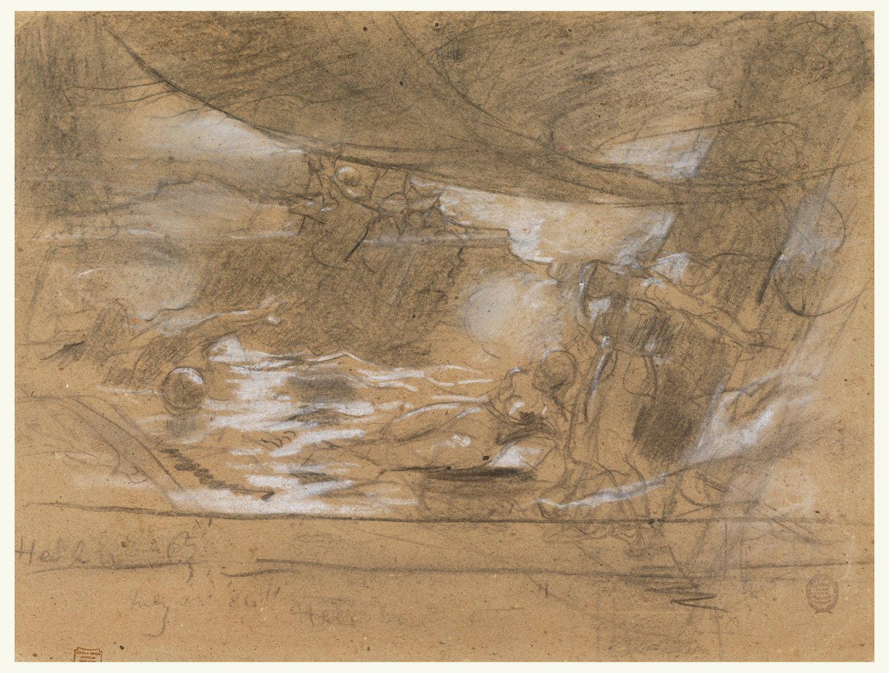 Schiffsdeck mit zwei an den Mast gefesselten Frauen von Winslow Homer