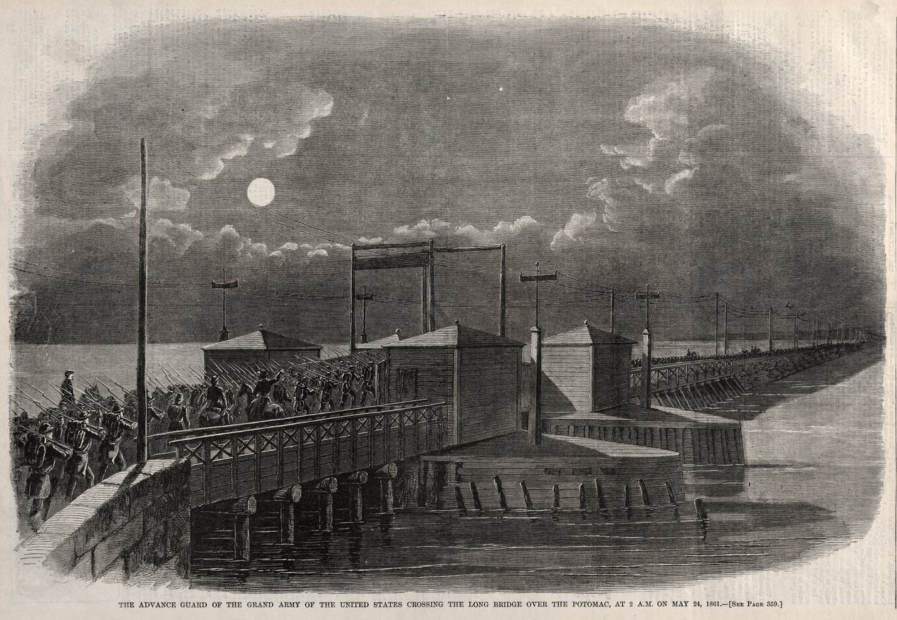 Die Vorhut der Großen Armee der Vereinigten Staaten überquert die Lange Brücke über den Potomac um 2 Uhr morgens am 24. Mai 1861 von Winslow Homer