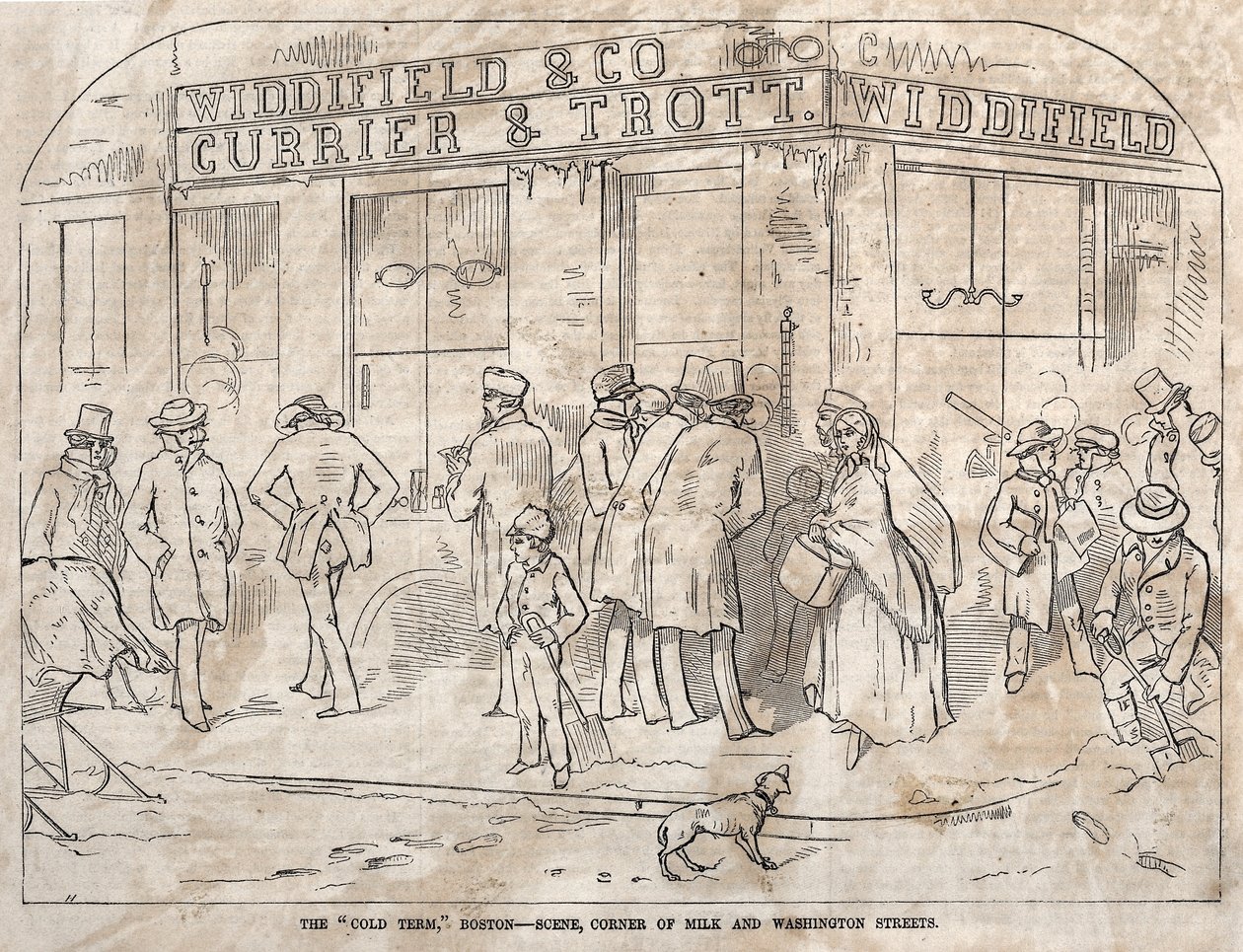 Die kalte Periode, Boston - Szene, Ecke Milk und Washington Streets, 1858 von Winslow Homer