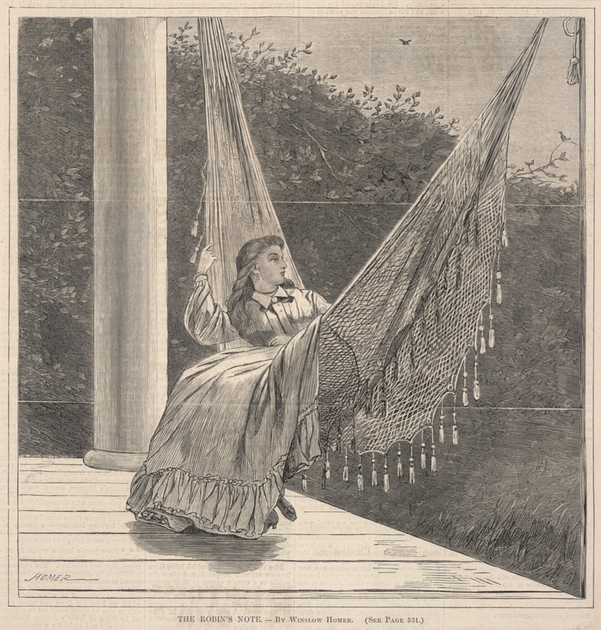 Die Notiz des Rotkehlchens, aus Every Saturday, An Illustrated Journal of Choice Reading, 20. August 1870 von Winslow Homer