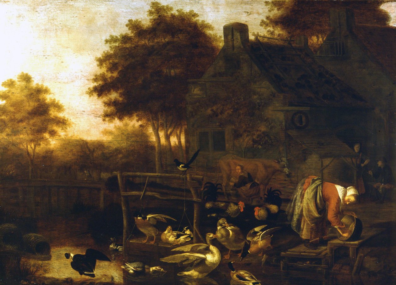 Landschaftsszene in Holland (Bauernhof mit vielen Tieren und einem Bauern, der eine Kuh melkt) von Wintrack dem Jüngeren von Wintrack the Younger