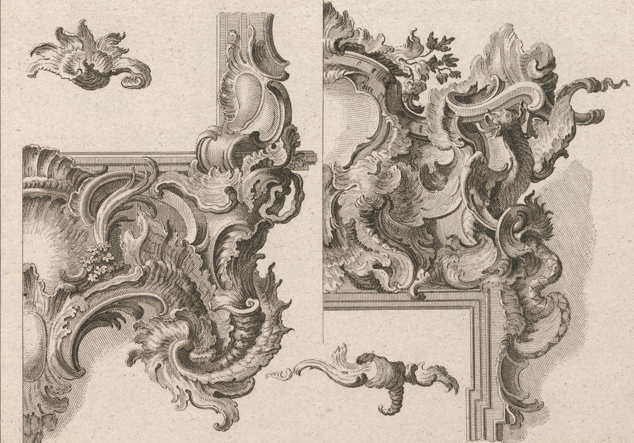 Vorschlag zur Dekoration des unteren rechten und oberen rechten Teils eines Altarrahmens (gedruckt ca. 1750-56) von Wolffgang Christoph Mayr