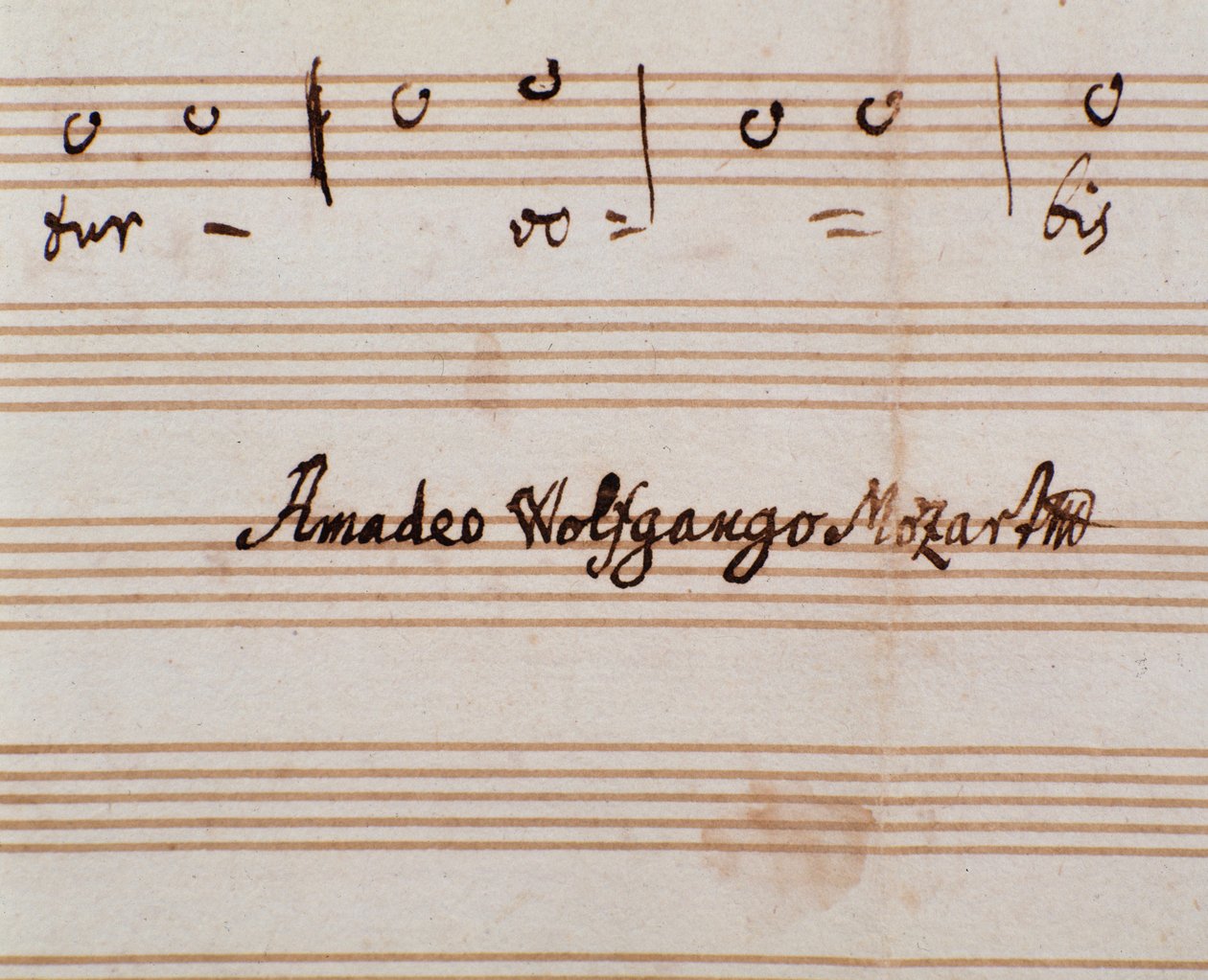 Detail der Unterschrift des Komponisten auf der Notenseite von Querite primum regnum Dei von Mozart zur Erlangung des Titels Accademico filarmonico (1770) von Wolfgang Amadeus Mozart