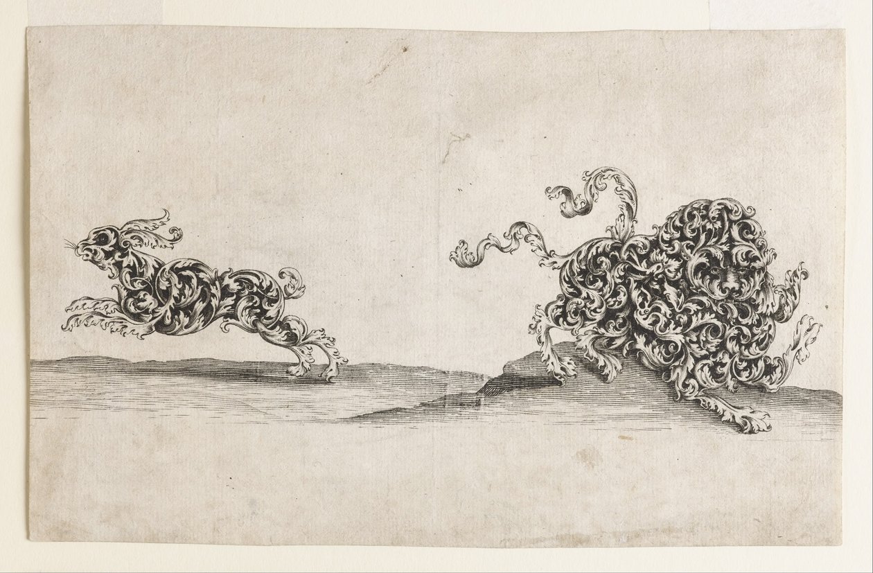 Löwe und Hase aus ornamentalem Blattwerk von Wolfgang Hieronymus von Bömmel