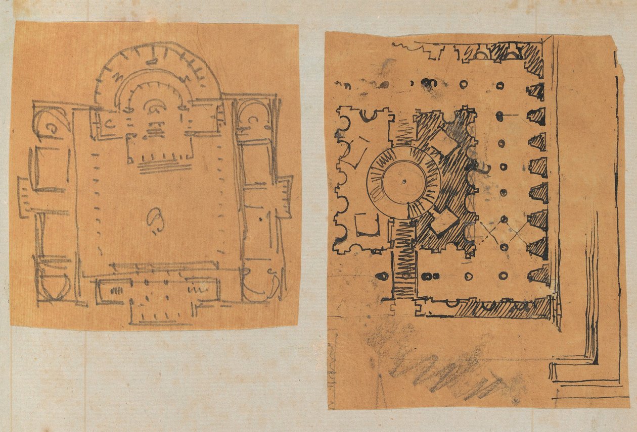 Seite aus einem Sammelalbum mit Zeichnungen und mehreren Drucken von Architektur, ca. 1800-1850. Schöpfer: Werkstatt von Charles Percier, Werkstatt von Pierre François Léonard Fontaine von Workshop of Charles Percier, Workshop of Pierre