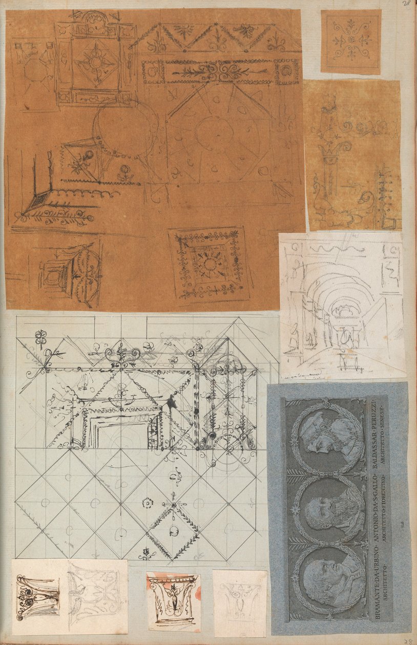 Seite aus einem Sammelalbum mit Zeichnungen und mehreren Drucken von Architektur, ca. 1800-1850 von Workshop of Charles Percier, Workshop of Pierre