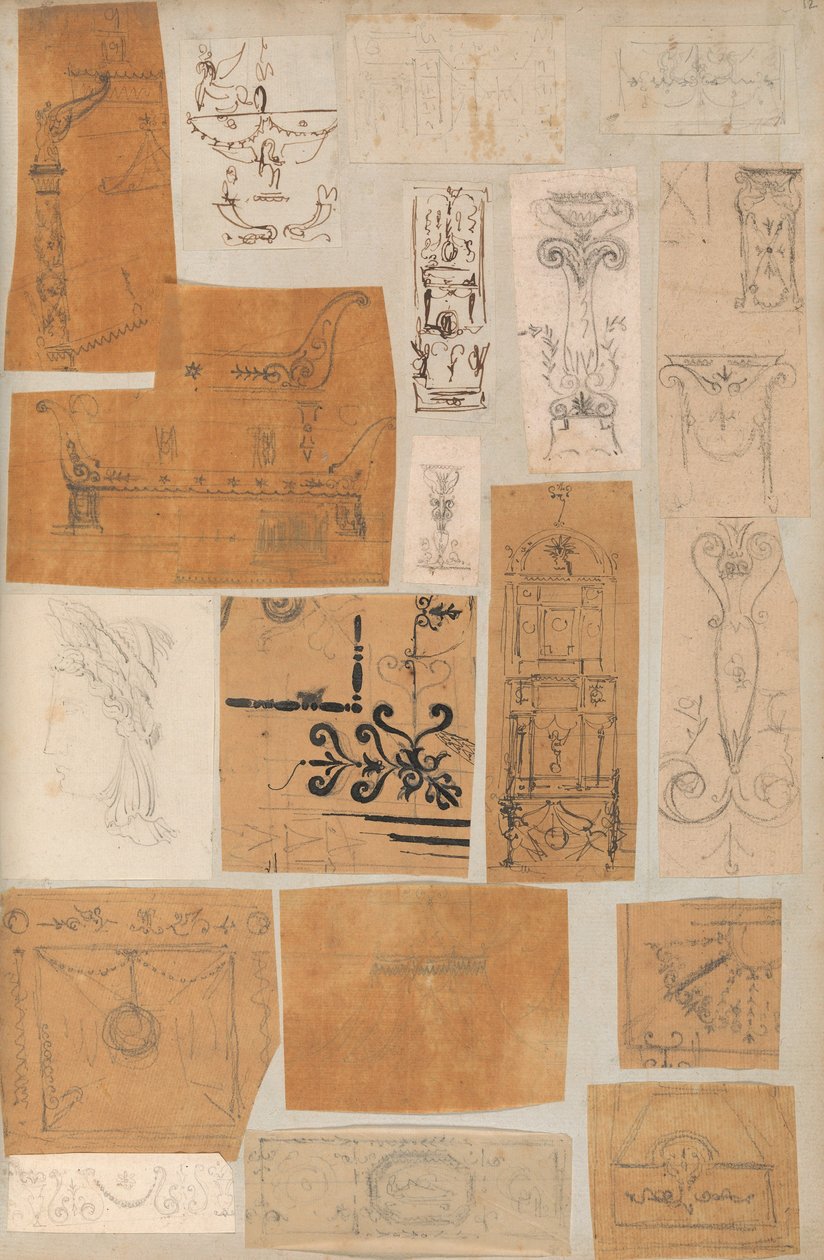 Seite aus einem Sammelalbum mit Zeichnungen und mehreren Drucken von Architektur, ca. 1800-1850. Werkstatt von Charles Percier, Werkstatt von Pierre François Léonard Fontaine von Workshop of Charles Percier, Workshop of Pierre