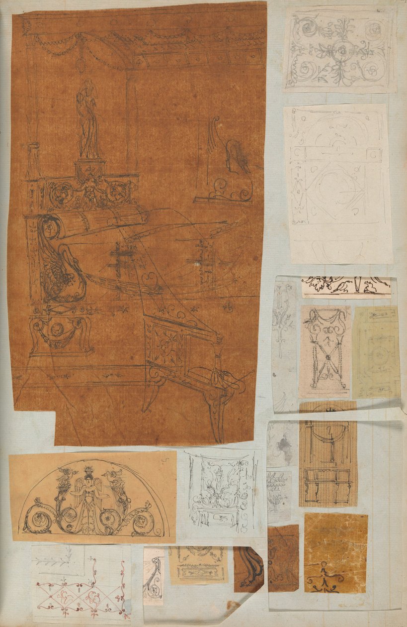 Seite aus einem Sammelalbum mit Zeichnungen und mehreren Drucken von Architektur, ca. 1800-1850. Schöpfer: Werkstatt von Charles Percier, Werkstatt von Pierre François Léonard Fontaine von Workshop of Charles Percier, Workshop of Pierre