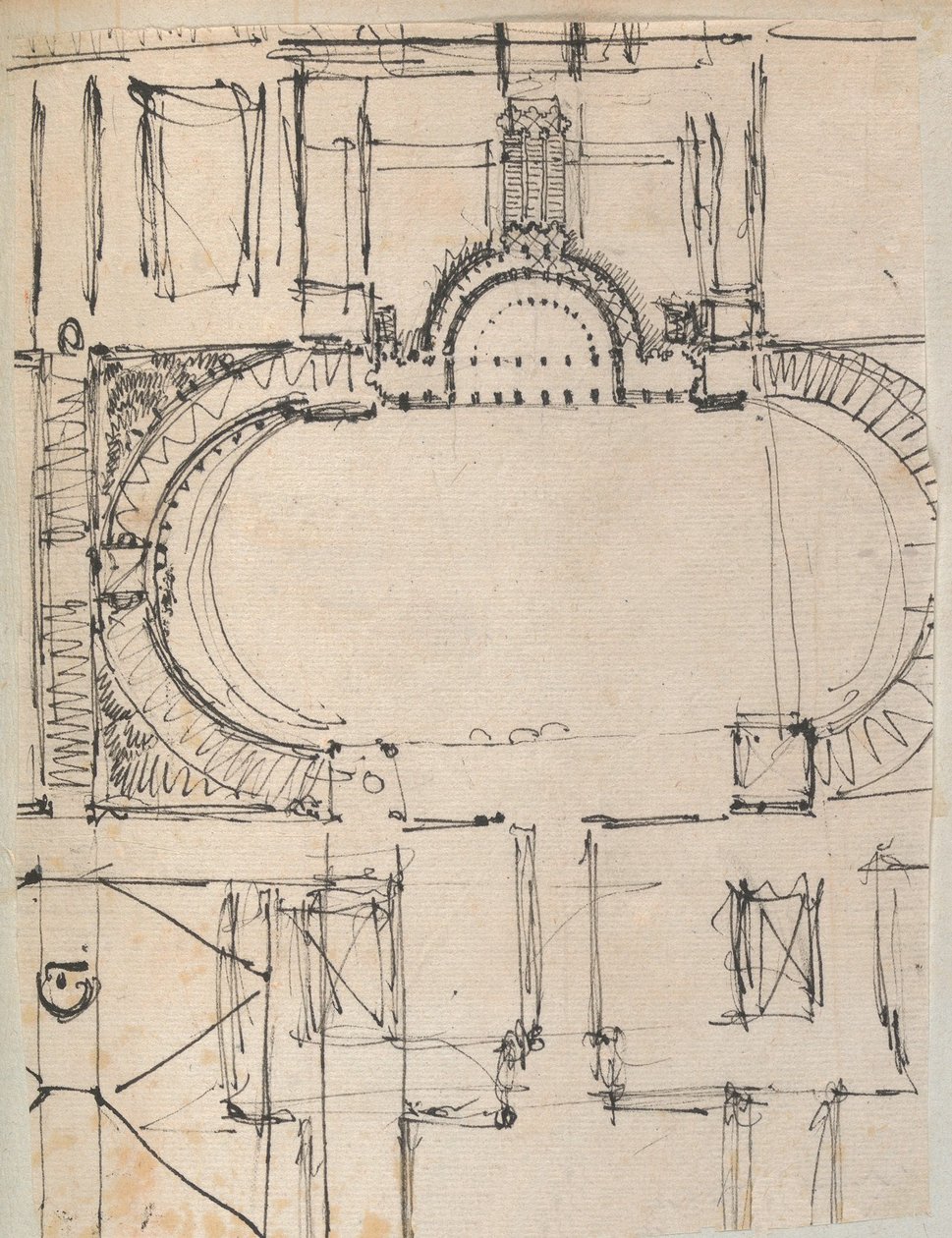 Seite aus einem Sammelalbum mit Zeichnungen und mehreren Drucken von Architektur, ca. 1800-1850. Werkstatt von Charles Percier, Werkstatt von Pierre François Léonard Fontaine von Workshop of Charles Percier, Workshop of Pierre
