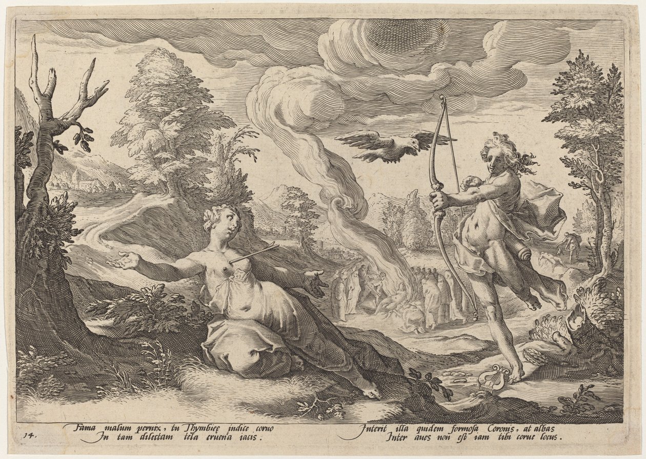 Apollo tötet Coronis von Workshop of Hendrick Goltzius, after Hendrick Goltzius
