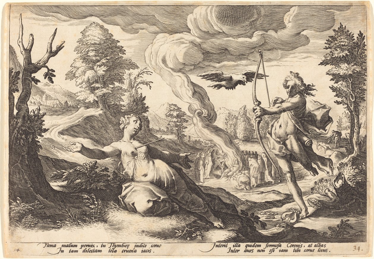 Apollo tötet Koronis von Workshop of Hendrick Goltzius, after Hendrick Goltzius