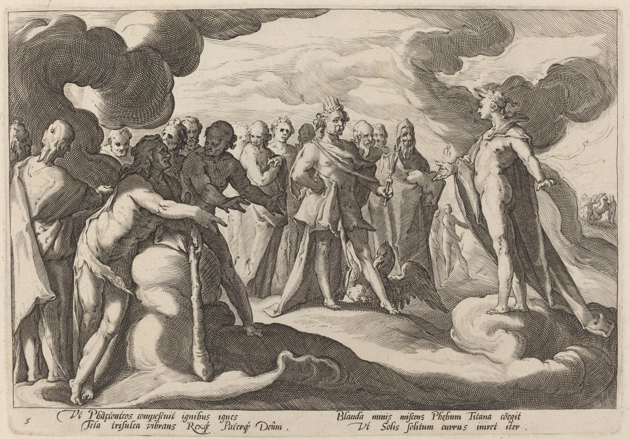 Jupiter und die Götter bitten Helios, die Kontrolle über den Wagen wieder zu übernehmen von Workshop of Hendrick Goltzius, after Hendrick Goltzius