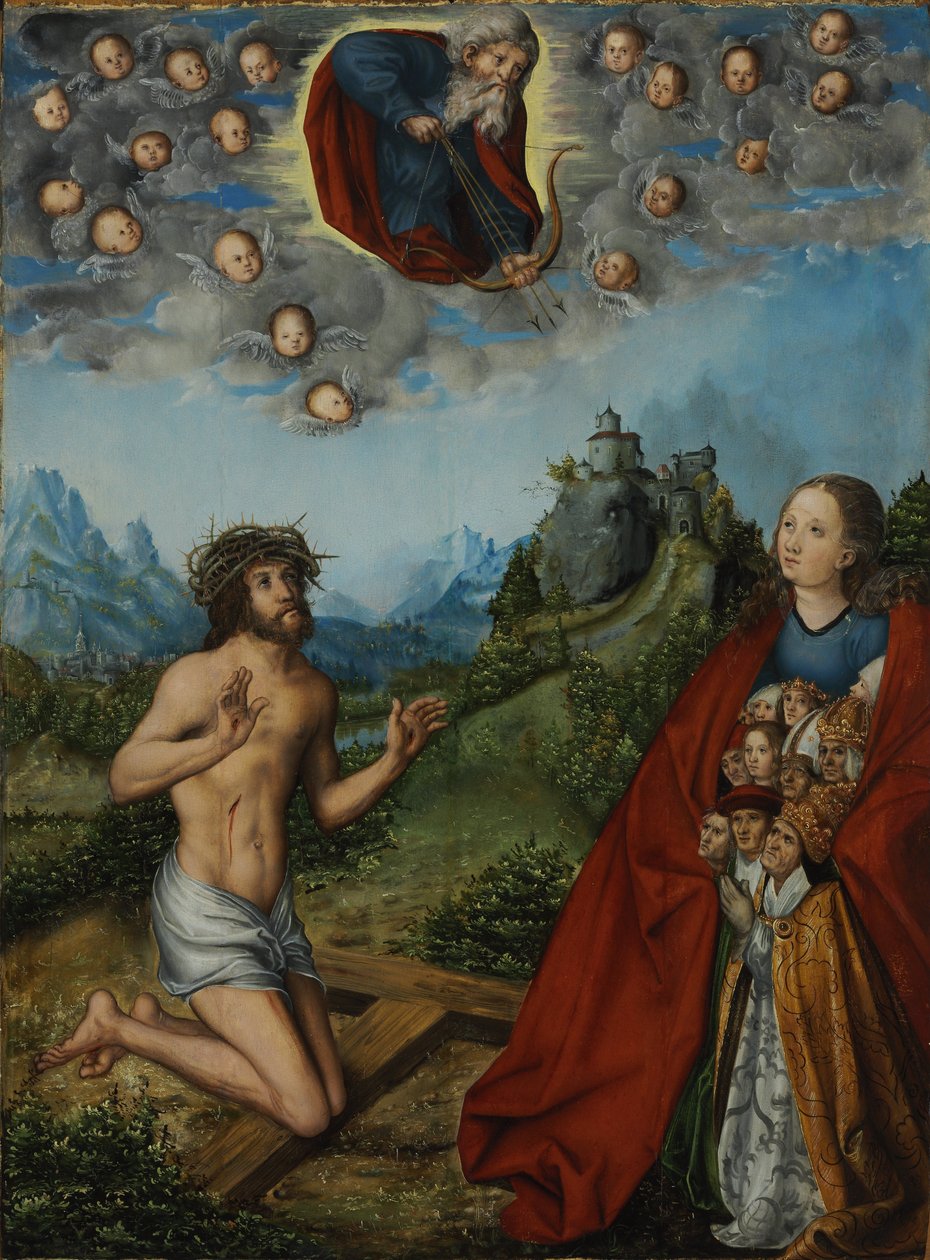 Doppelte Fürbitte: Christus und die Jungfrau bitten für die Menschheit vor Gott dem Vater von workshop of Lucas Cranach the Elder