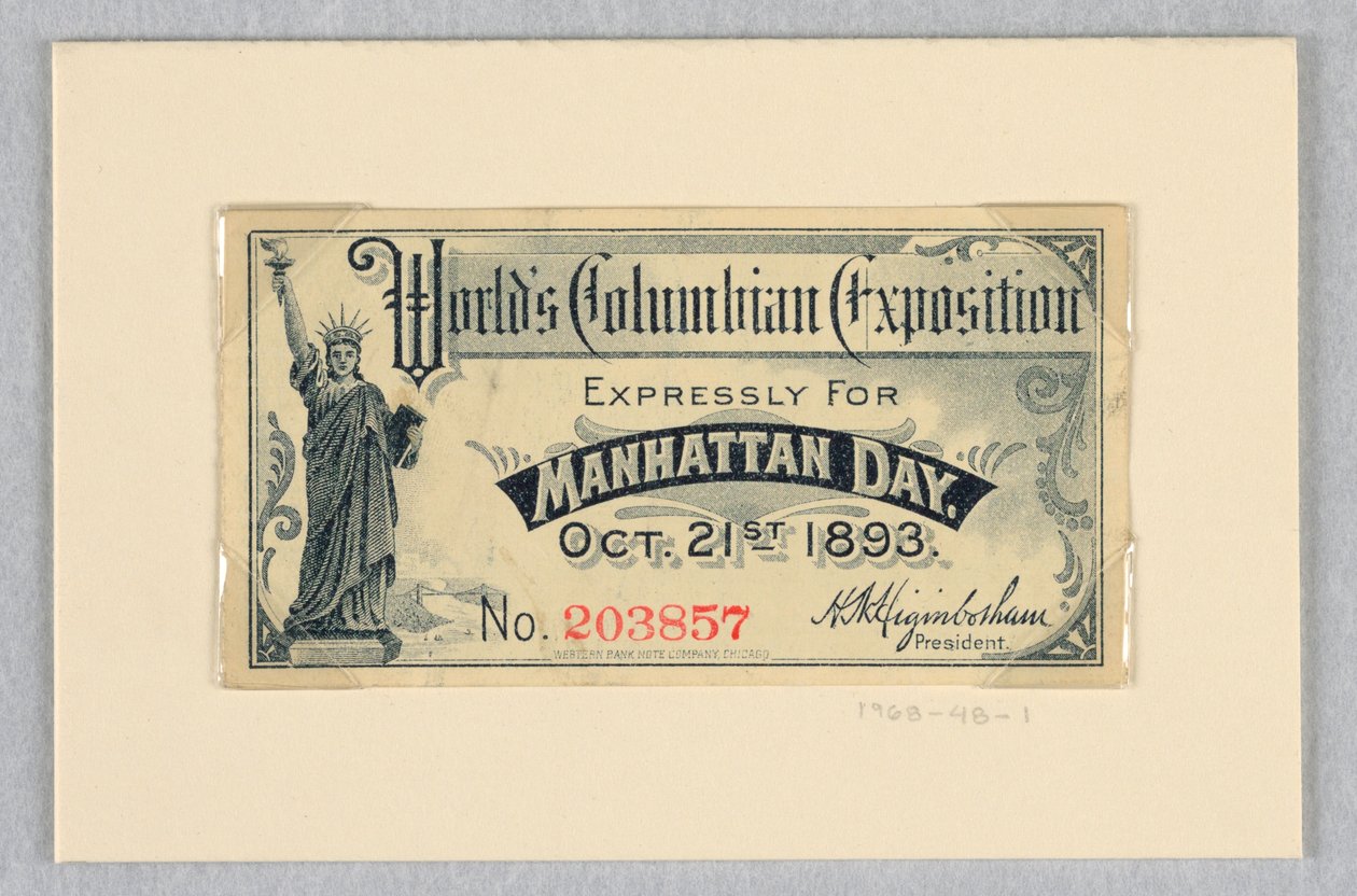 Ticket zur Weltausstellung in Chicago, speziell für den Manhattan-Tag, 21. Oktober 1893 von World