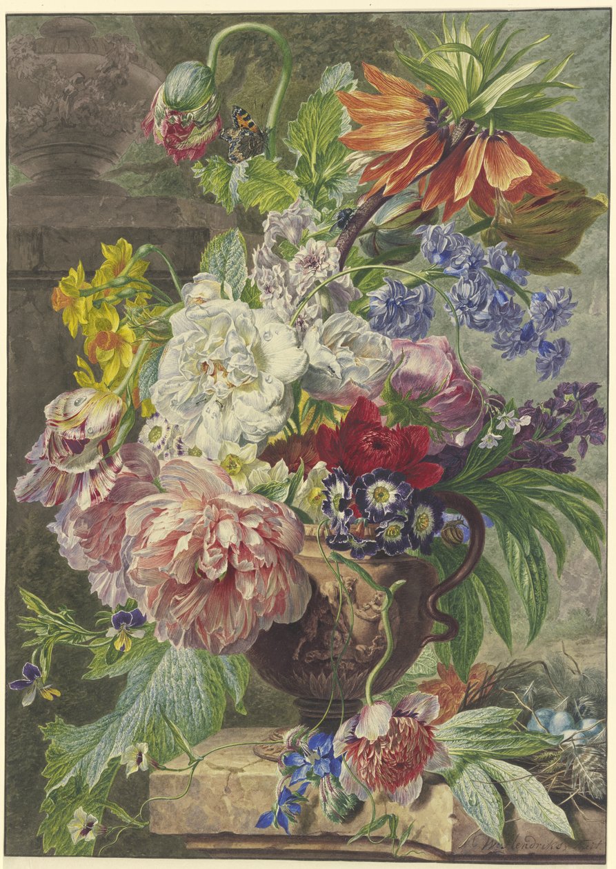Stillleben mit Blumenstrauß und Vogelnest von Wybrand Hendriks
