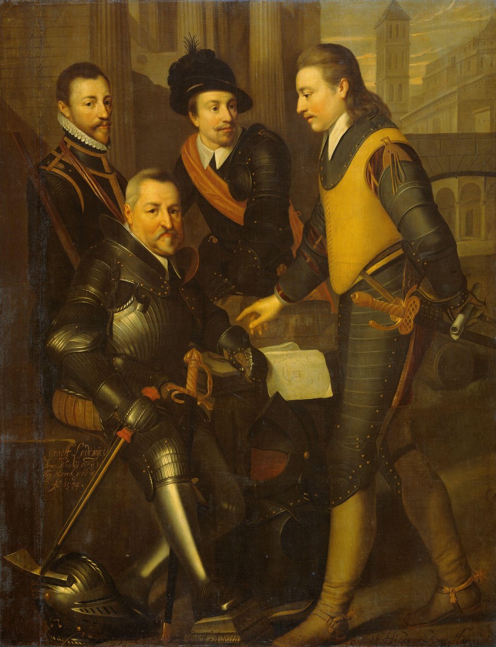 Gruppenporträt der vier Brüder von Wilhelm I., Prinz von Oranien: Jan (1535-1606), Hendrik (1550-74), Adolf (1540-68) und Lodewijk (1538-74), Grafen von Nassau von Wybrand de Geest (I) (workshop of)