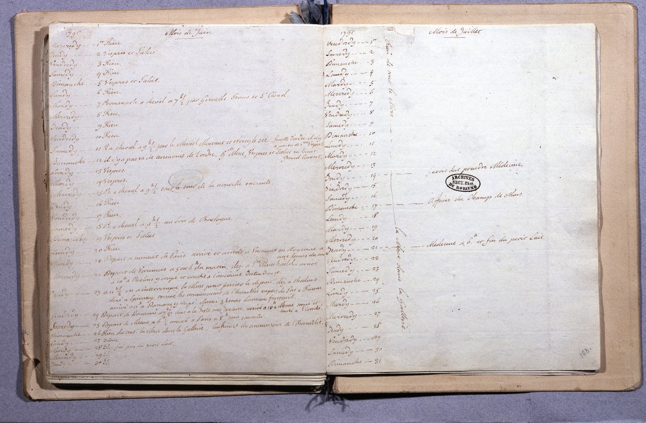 Tagebuch von Louis XVI. Juni und Juli 1791. Notizbuch 17x21 cm. Archives Nationales. Paris von XVI Louis