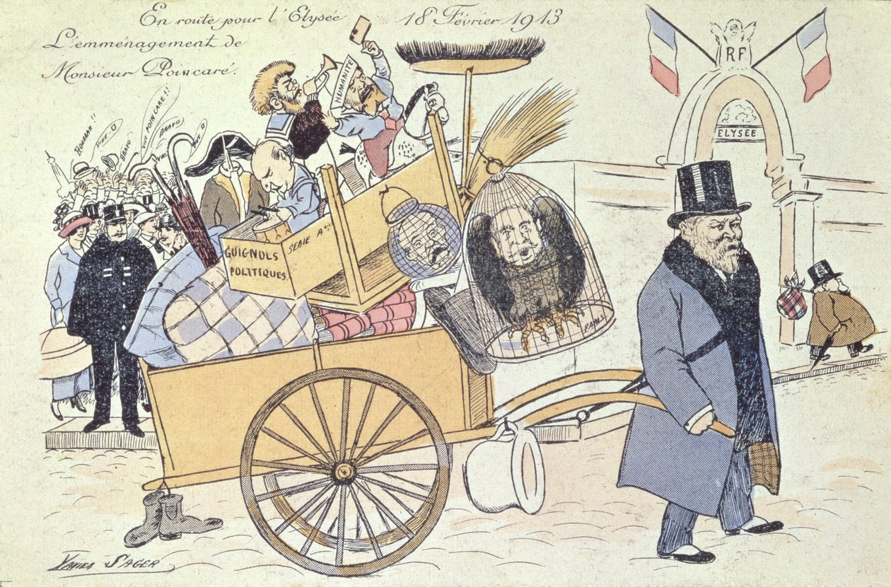 Karikatur von Raymond Poincaré (1860-1934) beim Umzug in den Élysée-Palast, Februar 1913 von Xavier Sager