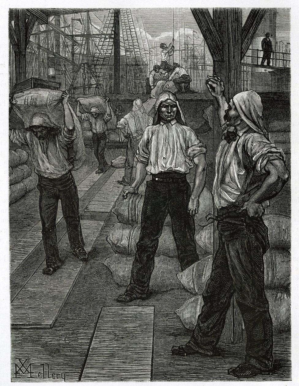 Das Entladen eines Schiffes, die Hafenarbeiter mit Teermützen auf dem Kopf stapeln die Waren auf den Docks des Hafens von Antwerpen. Gravur von X. Mellery, zur Illustration der Geschichte Belgien, von Camille Lemonnier, veröffentlicht in Le tour du monde,  von Xavier Mellery