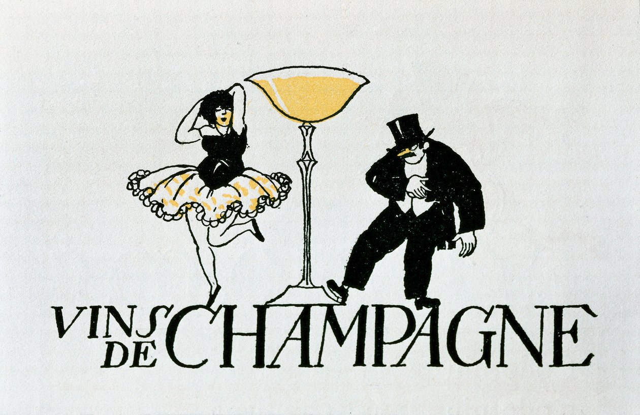 Werbevignette für Champagnerweine, die ein tanzendes Paar um eine Tasse darstellt, 20. Jahrhundert (Plakat) von Xavier Nogues