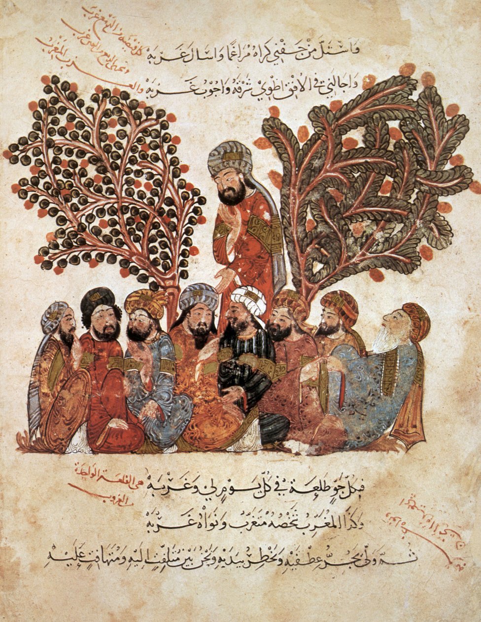 Al-Harith verabschiedet sich von seinen Gefährten, aus Al Maqamat von Al Hariri, ca. 1240 von Yahya ibn Mahmud Al Wasiti