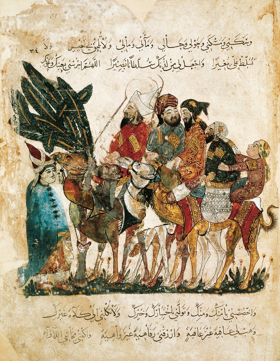 Karawane arabischer Händler, Miniatur aus den Maqamat (Die Treffen) von Al-Hariri, ca. 1240 von Yahya ibn Mahmud Al Wasiti