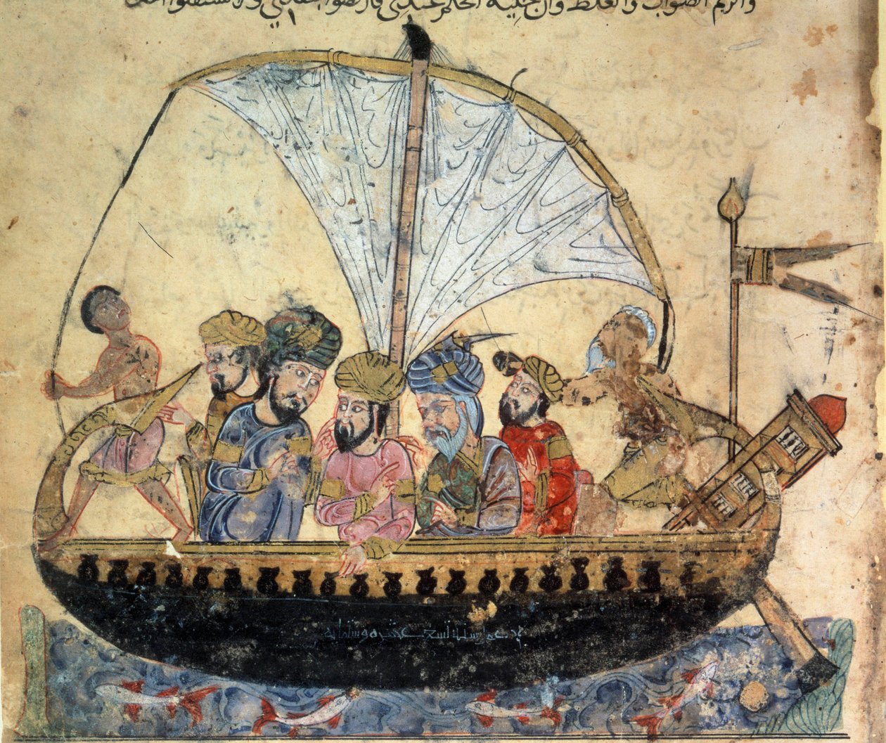 der Bürger al-Harith (Al Harith), Sohn von Hammam, und der wandernde Navigator Abu-Zayd (Abu Zayd) auf einem Boot, das auf dem Euphrat segelt Miniatur aus den „Maqamat“ (Seancen) von Abu Mohammed al-Kasim ibn Ali Hariri (oder Al-Hariri oder Al Hariri) (105 von Yahya ibn Mahmud Al Wasiti