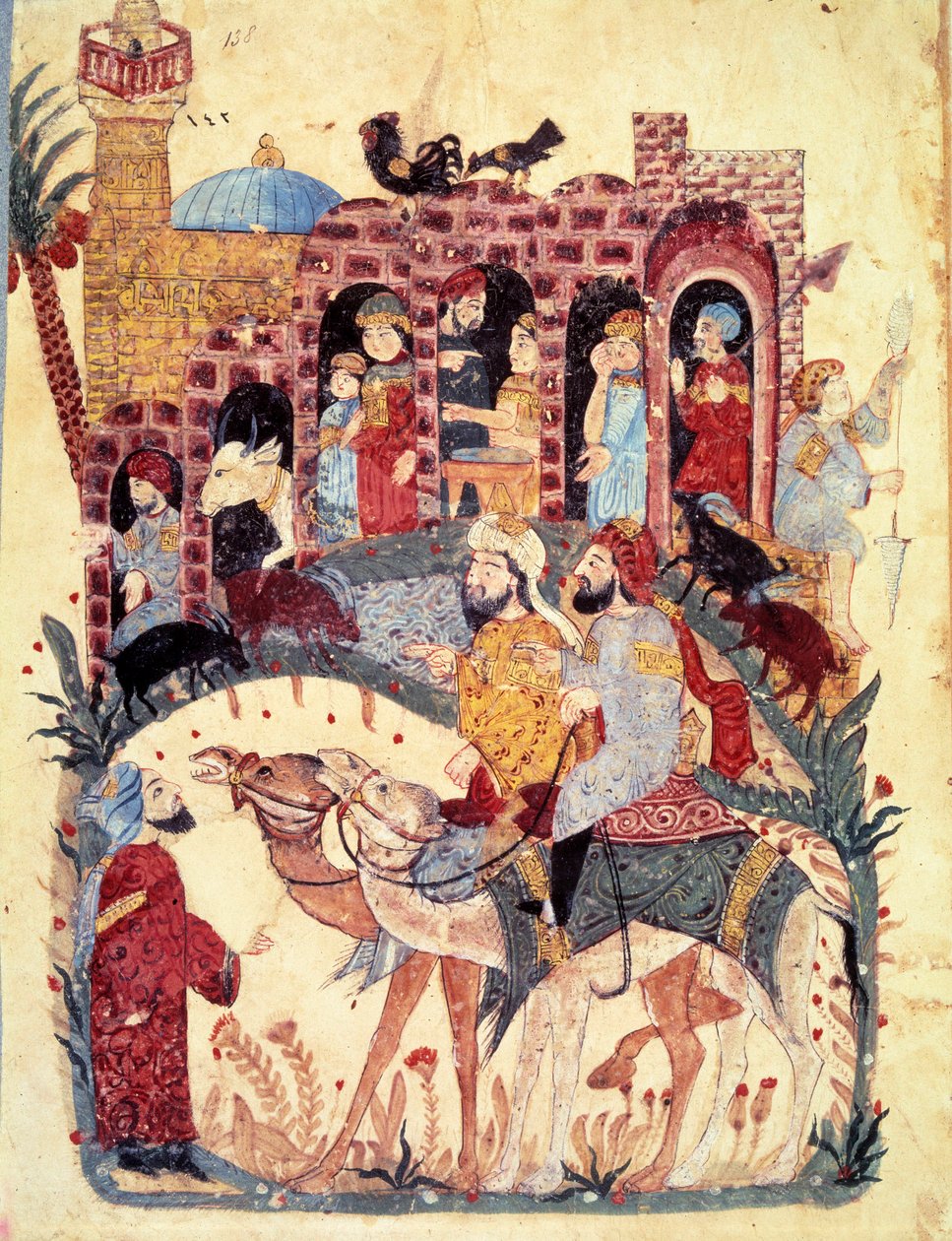 Der Bürger al-Harith und der wandernde Navigator Abu-Zayd kommen in eine Stadt, die Moschee und das Minarett, Handelsaktivitäten, Basare und Frauenarbeit werden beschrieben. Miniatur aus den Maqamat von Abu Mohammed al-Kasim ibn Ali Hariri von Yahya ibn Mahmud Al Wasiti