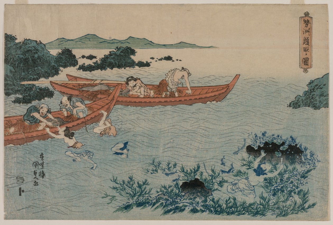 Abalone-Taucher vor der Küste von Ise, aus einer unbetitelten Landschaftsserie, frühe 1830er Jahre von Yamaguchiya Tobei