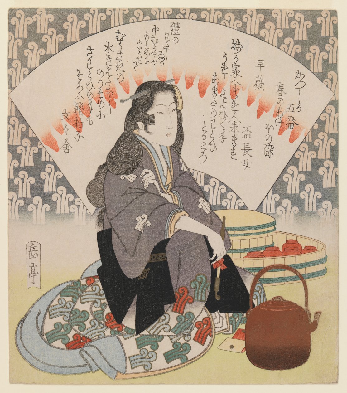 Kellnerin und Kupferkessel aus der Serie von 5 Surimono für den Katsushika-Poesieclub, ca. 1830 von Yashima Gakutei